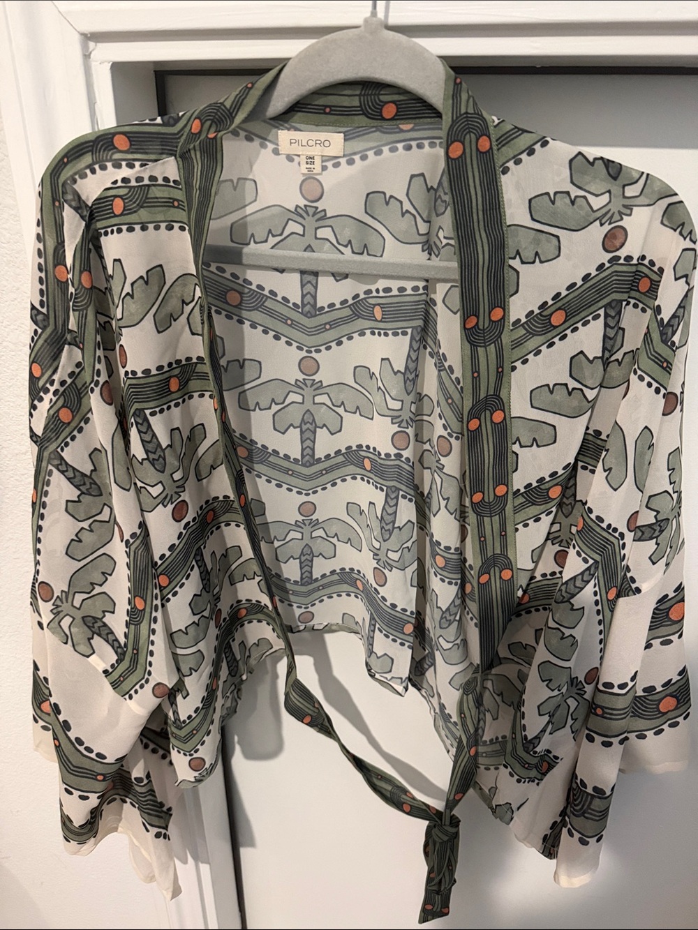 Anthropologie Pilcro Olive, Cream & Orange Printed Tie-Front Tunic Top